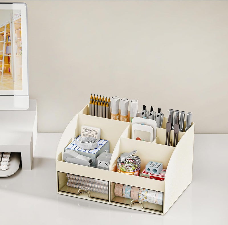 COMFYROOM Desk Organizer with 6 Compartments and 2 Drawers, Plastic Makeup Organizer, Pen Holder for Desktop Storage, Desk Organization for School, Home, Office Supplies (Ivory) - Image 5